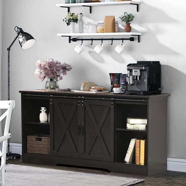 Farmhouse Coffee Bar Cabinet with Sliding Barn Door 58” Buffet Storage Cabinet Kitchen Buffet & Sideboard Cabinets Wood Coffee Bar Table with Shelf for Kitchen Dinning Room Living Room (Black)