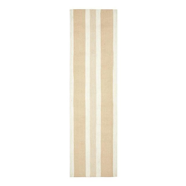 Saxton Striped Synthetic Rug with Anti Slip Backing, 2.5' x 9', Ivory/Flax