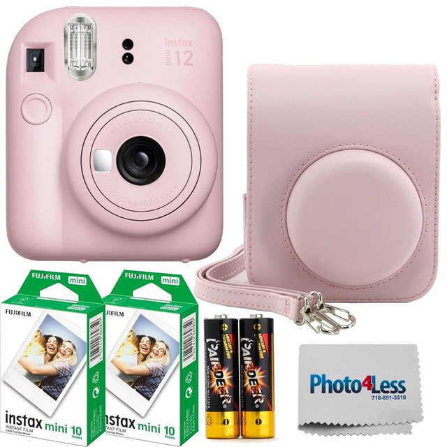 Fujifilm Instax MiniI 12 Instant Film Camera Blossom Pink, Fujifilm Instax Mini Twin Pack Instant Film 20 Prints, Prtotective Case, Gift Bundle