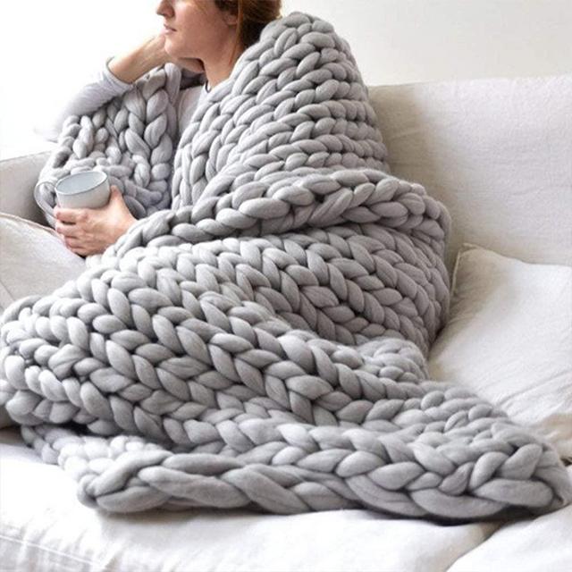Chunky Knit Blanket Merino Wool Hand Made Throw Boho Bedroom Home Decor Giant Yarn,Grey,40"x60"