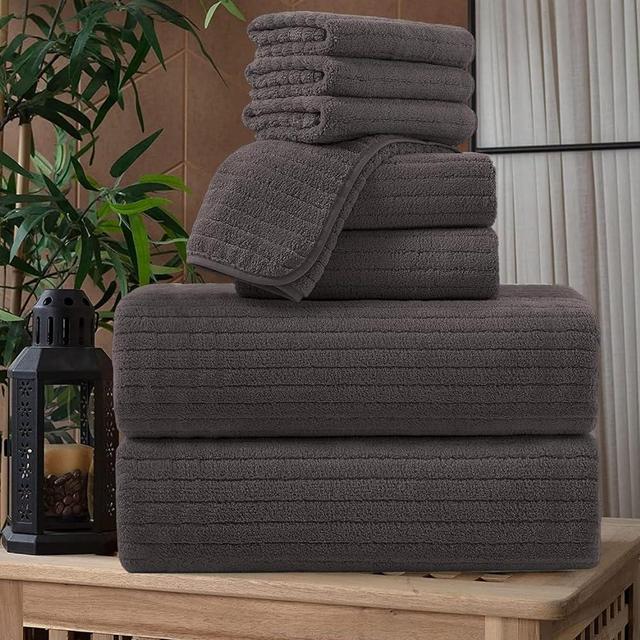 8 Pcs Brown Stripe Large Bath Towels Set Oversized Bath Sheet 2 Bathroom Towels,2 Hand Towels,4 Washcloths Soft Jumbo Towels Absorbent Shower Towel Quick Dry Beach Chair Towel Spa Gym Hotel Towel Set