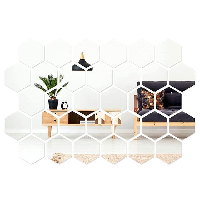 32 Pieces Hexagon Mirror Wall Stickers Removable Acrylic Mirror Setting Hexagon Wall Sticker Decal for Home Room Living Bedroom Decor (12.6 x 11 x 6.3 cm)