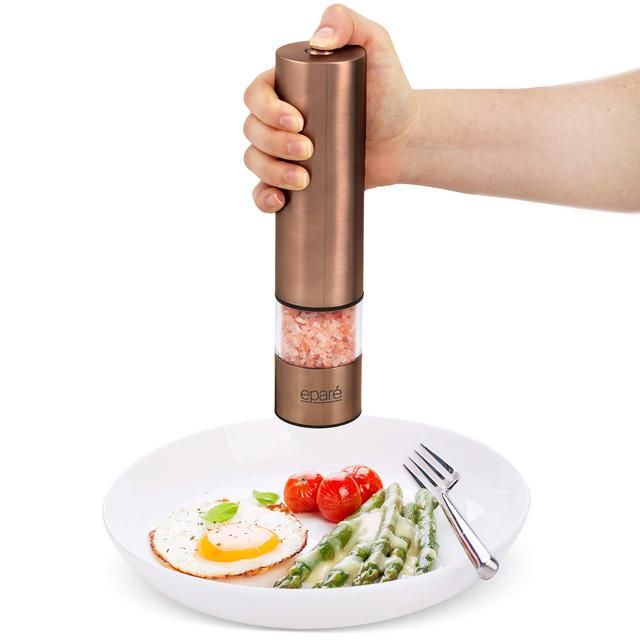 Electric Salt or Pepper Grinder - Battery Operated Ceramic Burr Peppermill Shaker - Automatic Copper Steel Grinders - Mill With LED Light by Eparé