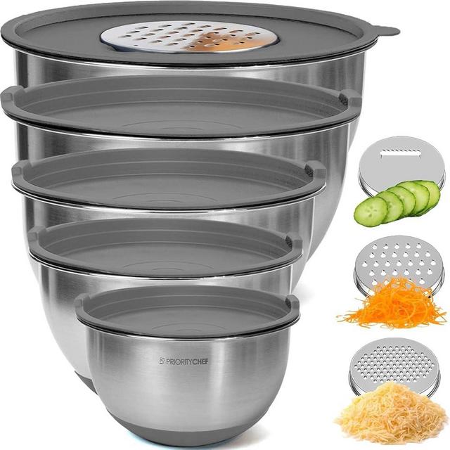 Priority Chef Stainless Steel Mixing Bowls with Lids Set, 3 Grater Attachments, Airtight Lids, Non-Slip Silicone Base Mixing Bowl Set, Large Prep Metal Mixing Bowls for Kitchen, Grey