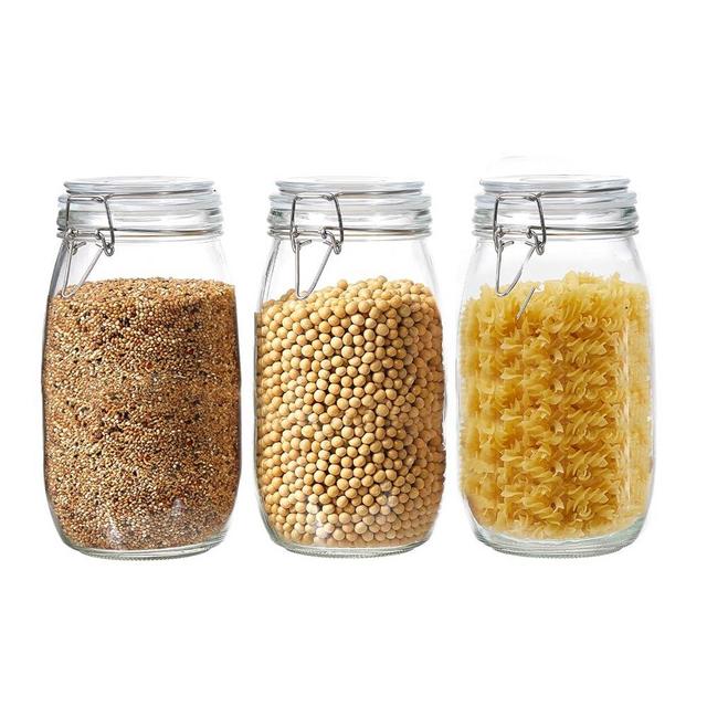 3 Pack 51oz Food Storage Jars with Airtight Lids, Preserving Seal Wire Clip Fastening Glass Containers, Canisters for Kitchen Organization, Flour, Cereal, Pasta, Sugar, Beans, Pickling Jars(51 Oz*3)