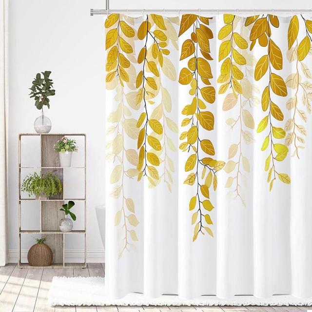 Gibelle Yellow Eucalyptus Shower Curtain for Bathroom, Watercolor Leaves on The Top Plant Shower Curtain Floral Botanical Decorative Fabric Shower Curtain Set with Hooks 72x72 Inch