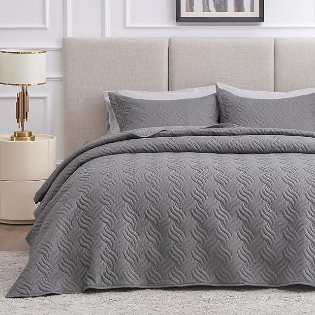 Love's cabin Quilts for Queen Bed Grey Bedspreads Bedding Set - Summer Quilt Lightweight Microfiber Bedspread - Wave Pattern Bedding Coverlet for All Season - 3 Piece (1 Quilt, 2 Pillow Shams)