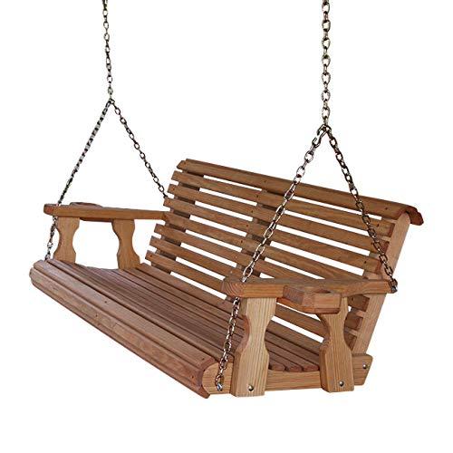 Amish Heavy Duty 800 Lb Roll Back Treated Porch Swing with Hanging Chains and Cupholders (5 Foot, Cedar Stain)
