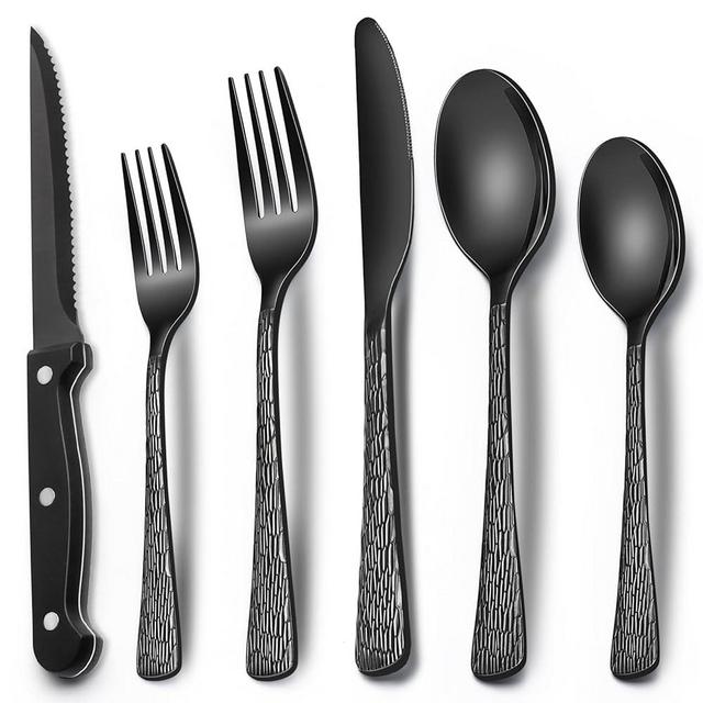 Black Hammered Silverware Set with Steak Knives, 24-Piece Stainless Steel Tree Pattern Flatware Set for 4, Food-Grade Tableware Cutlery Set, Utensil Sets for Home Restaurant, Mirror Finish