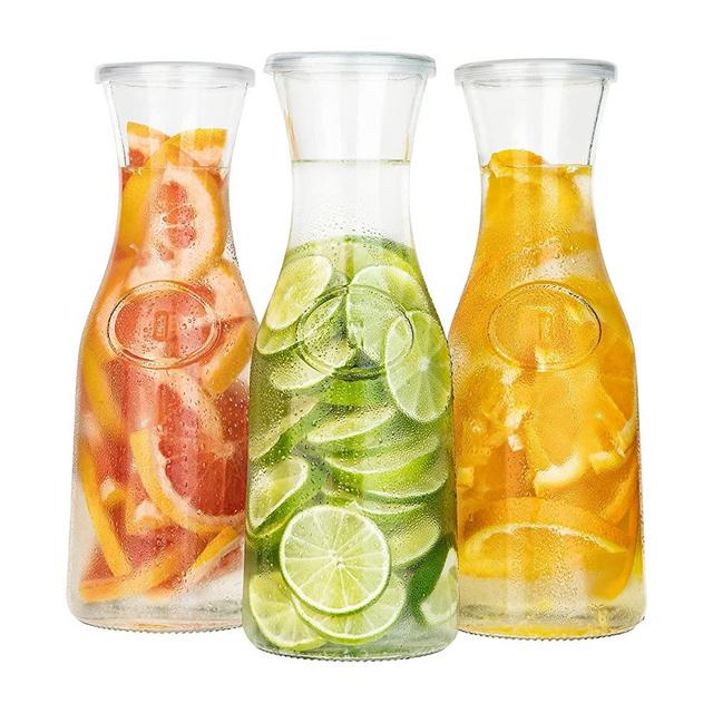 Large Glass Carafe Pitchers, By Kook, 50 oz Beverage Dispensers, Clear Jugs For Mimosas, Water, Wine, Milk and Juice, with Plastic Lids, Dishwasher Safe, of 3