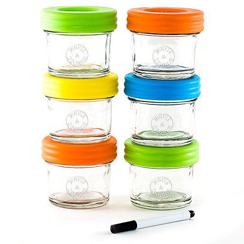 Glass Baby Food Storage Containers - Set contains 6 Small Reusable 4oz Jars with Airtight Lids - Safely Freeze your Homemade Baby Food