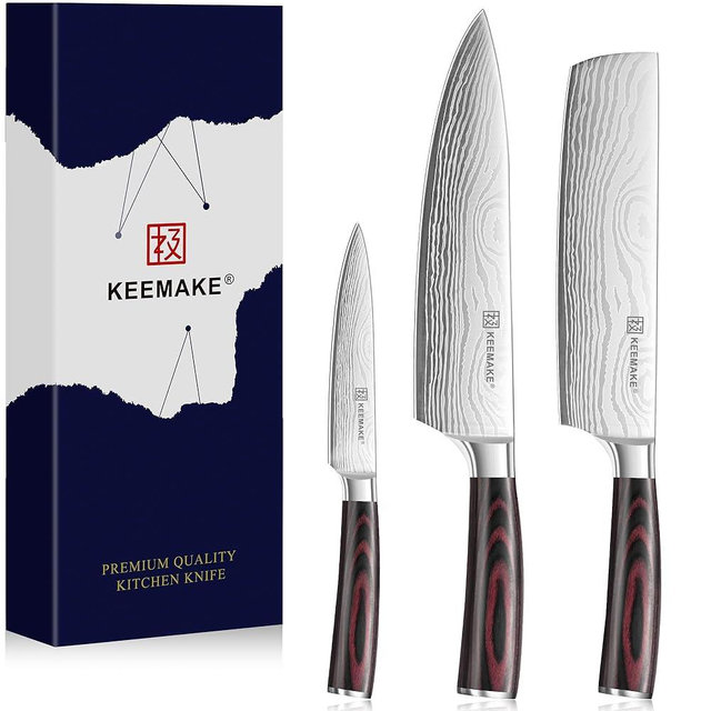 KEEMAKE Kitchen Knife Sets, 3 Pieces Professional Chef Knife Set with High Carbon Stainless Steel, Ultra Sharp Blade Kitchen Knives Sets with Ergonomic Pakkawood Handle & Gift Box