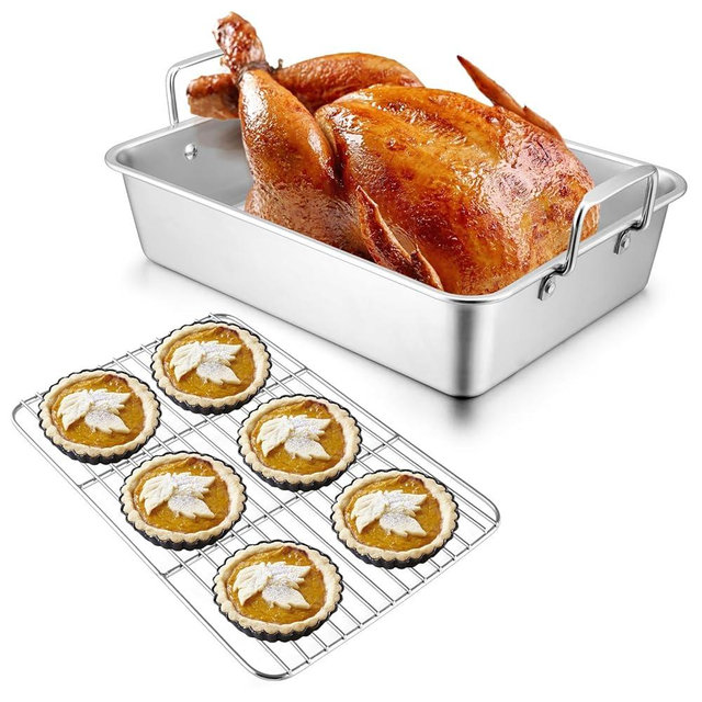16 Inch Roasting Pan with Rack, Leonyo Turkey Roasting Pan, Stainless Steel Large Roaster Pan with Rack Non Stick Baking Pans for Cooking Ham, Chicken, Cake, Lasagna, Casserole