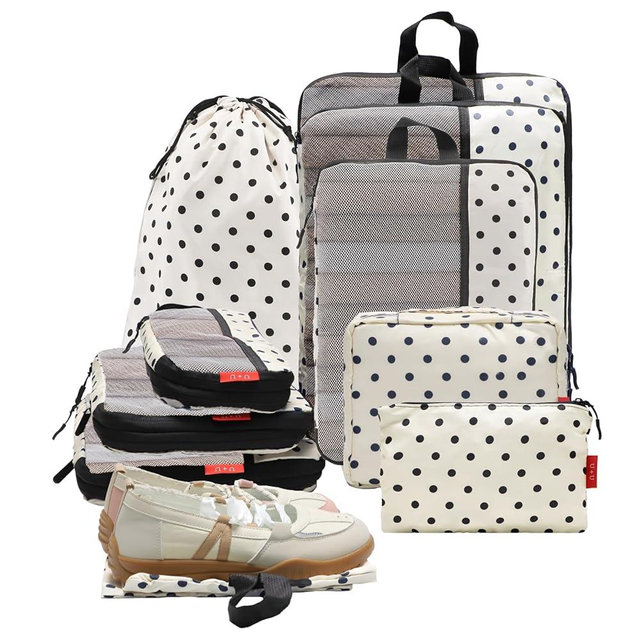 U+U 10 Set Compression Packing Cubes - Ultralight Travel Organizers with Laundry Bag and Cosmetic Bag, Space-Saving Suitcase Organizer for Travel, Business Trip and Family Vacation (Polka Dot)