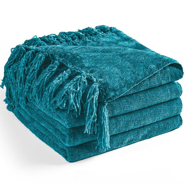 LONG CREATE Chenille Throw Blanket for Couch 50"X 60", Soft Cozy Throws with Fringe Tassel for Bed Sofa Chair Cover, Lightweight Knitted Decorative Boho Blankets for Living Room, Teal