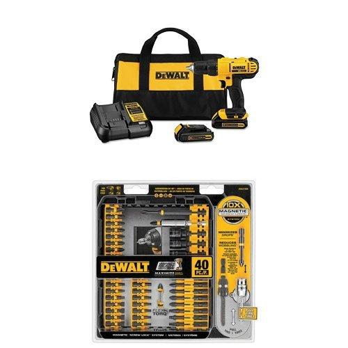 Dewalt DCD771C2 20V MAX Cordless Lithium-Ion 1/2 inch Compact Drill Driver Kit with IMPACT READY FlexTorq Screw Driving Set, 40-Piece