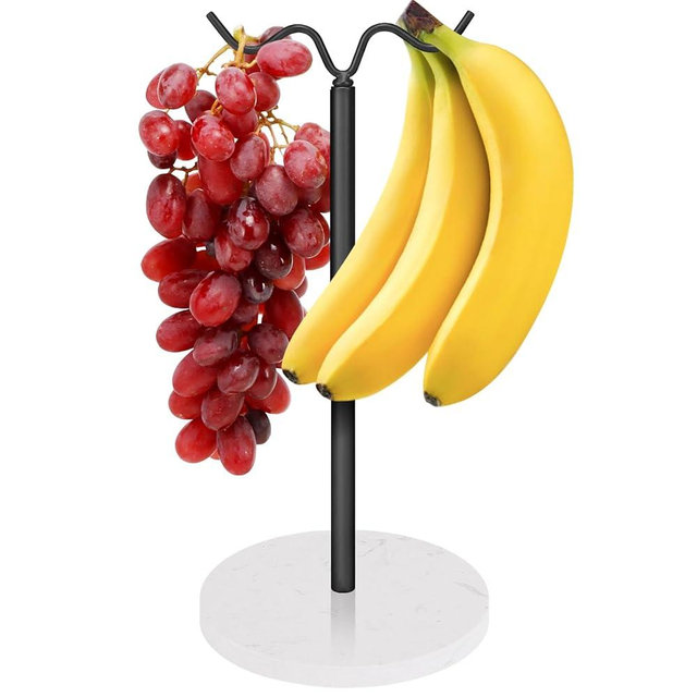 Winmien Double Hooks Standing Banana Holder, Banana Hanger Tree Stand Hook for Kitchen Countertop, Sturdy and Balanced Fruit Shelves with Storage on Both Sides.(Black)