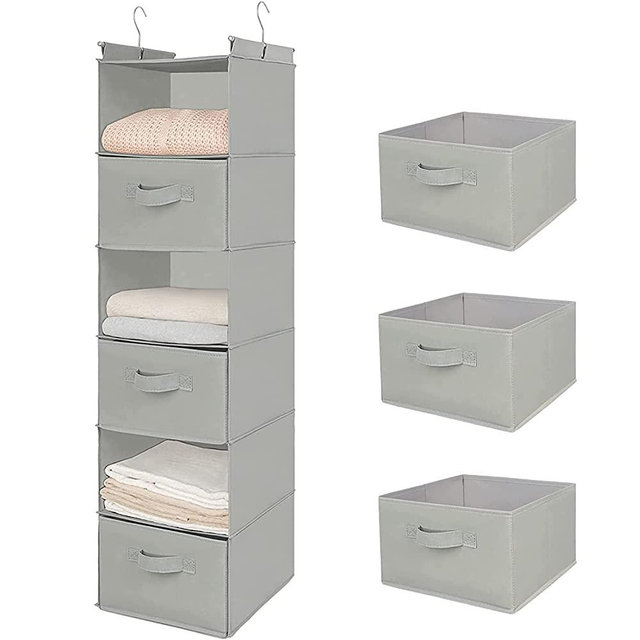 6 Tier Shelf Hanging Closet Organizer, Closet Hanging Shelf with 2 Sturdy Hooks for Storage, Foldable (Light Grey-D3)