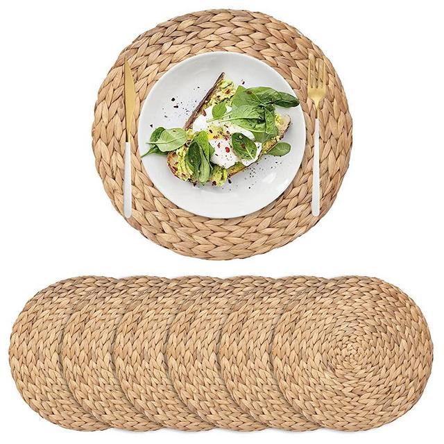 6 Pack Woven Placemats, Natural Hand-Woven Water Hyacinth Placemats, Round Braided Rattan Tablemats for Dining Table, Large Weave Round Place Mats Heat Resistant Non-Slip Table Mats, 13.8 Inch