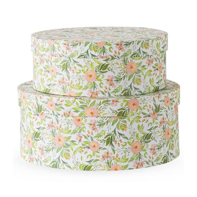 Soul & Lane Wild Flowers Oval Storage Boxes for Home Décor - Set of 2: Floral Gift Boxes with Lids for Presents, Decorative Photo Storage Cartons, Stackable Paperboard Containers for Organizing