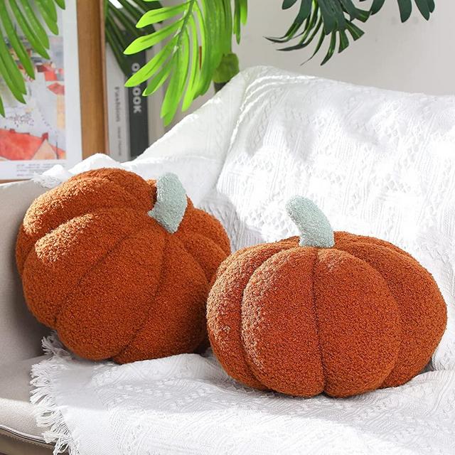 2 Pieces Pumpkin Throw Pillow Cushion 11 x 9.5 Inch 3D Pumpkin Throw Pillow Pumpkin Sofa Throw Pillow Cushion Home Decoration for Thanksgiving Halloween Car Bedroom Sofa Couch Living Room (Brown)