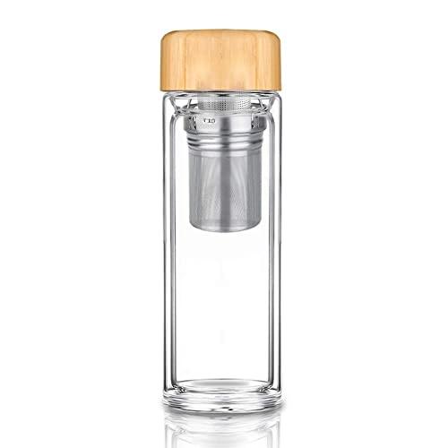 Weetall BPA-Free Fruit and Tea Infuser Borosilicate Glass Water Bottle for Loose Leaf Tea, Coffee and Fruit Water. Double Mesh Filter Tea Tumbler, 360ml/13oz with Bamboo Lid