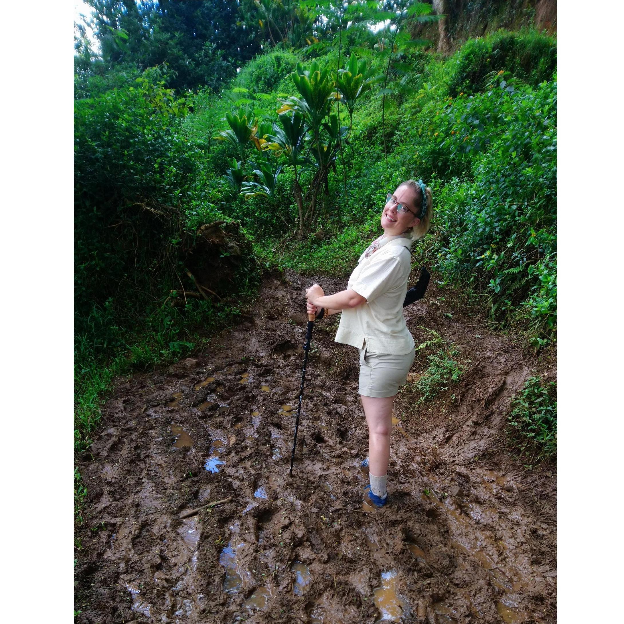 The Bride enjoying the delicious mud on Kuilau Ridge Trail in Kauai, Hawai'i. Little did she know, the top of the mountain would be even better....