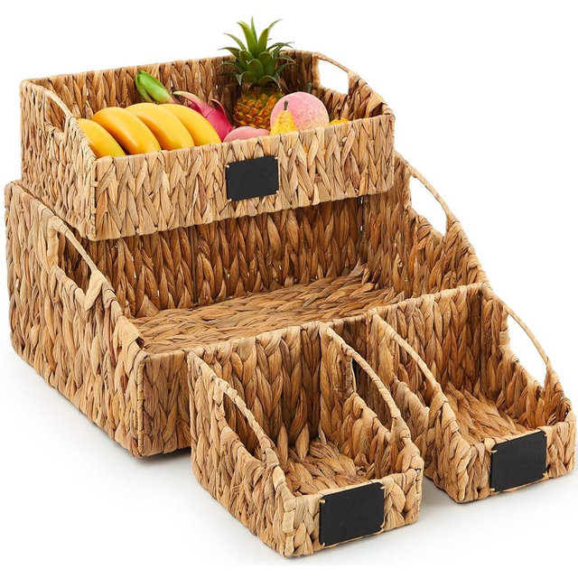 Wonderjune 4 Pcs Natural Storage Baskets Set Stackable Handwoven Wicker Storage Bins with Chalkboard Label Built-in Handles Woven Container Basket Kitchen Baskets for Shelves(Water Hyacinth )