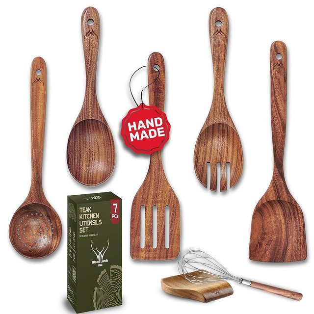 7 Pcs Teak Wooden Kitchen Utensils – Handcrafted Wooden Cooking Utensils Set with Holder, Elegant Wooden Spoons for Cooking & Timeless Utensil Set for Daily Use - Teak Utensils Set for Cooking