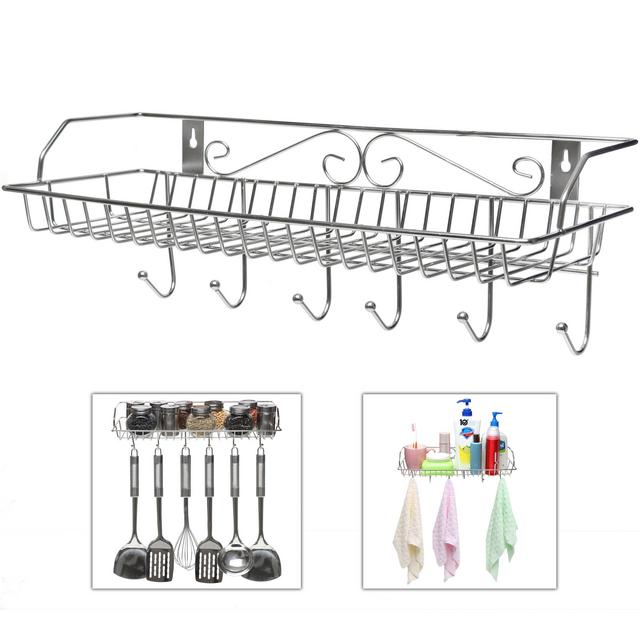Stainless Steel Metal Wall Mounted Organizer Hanger / Storage Rack w/ Top Basket Shelf, 6 Utility Hooks