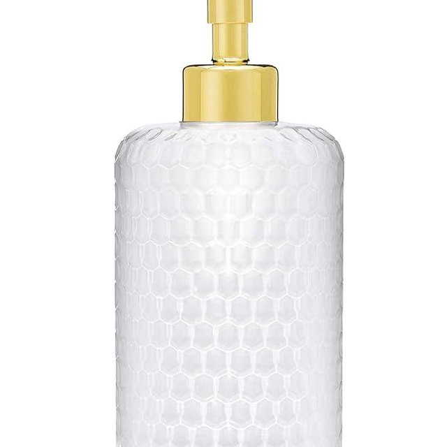Rail19 Frosted Milk + Honey Glass Soap Dispenser | Vintage-Inspired Modern Refillable Soap & Lotion Pump Bottle for Bathroom Vanity Countertop and Kitchen, 12oz (Polished Gold)