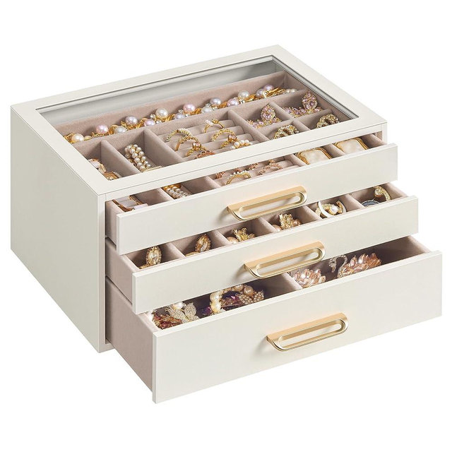 SONGMICS 3-Layer Jewelry Box with Glass Window, Jewelry Storage Organizer with 3 Drawers, Golden Handles, for Rings, Earrings, Bracelets, Gift Idea, Cream White, 6.3 x 9.4 x 4.9 Inches UJBC206WD02S