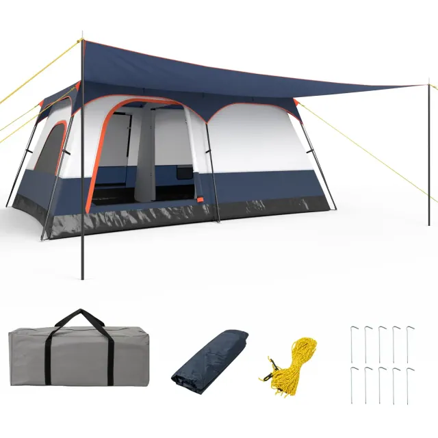 Costway 10-Person Camping Tent with Porch Large Family Cabin Tent w/ 2 Rooms 2 Doors Blue