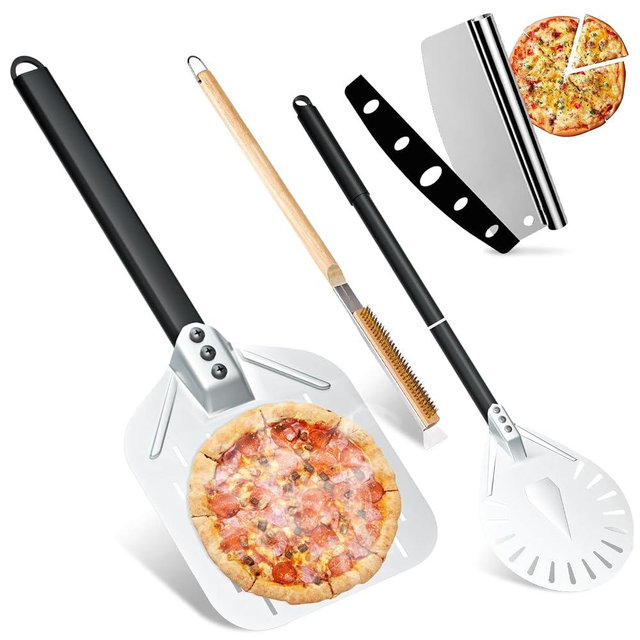 4-Piece Pizza Oven Accessories Kit, Includes 12 Inch Perforated Pizza Peel, 9 Inch Round Pizza Turning Peel, Oven Brush with Scraper and Rocker Cutter, Pizza Spatula Paddle Set for Home Pizza Making