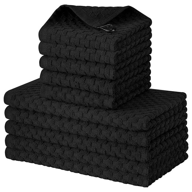 Fintale 100% Cotton Kitchen Towels and Dishcloths Set, 12 x 12 & 15 x 25 Inches, Set of 10 Bulk Super Soft and Absorbent Terry Cloth Dish Towels, Quick Drying Hand Towels with Hanging Loop, Black
