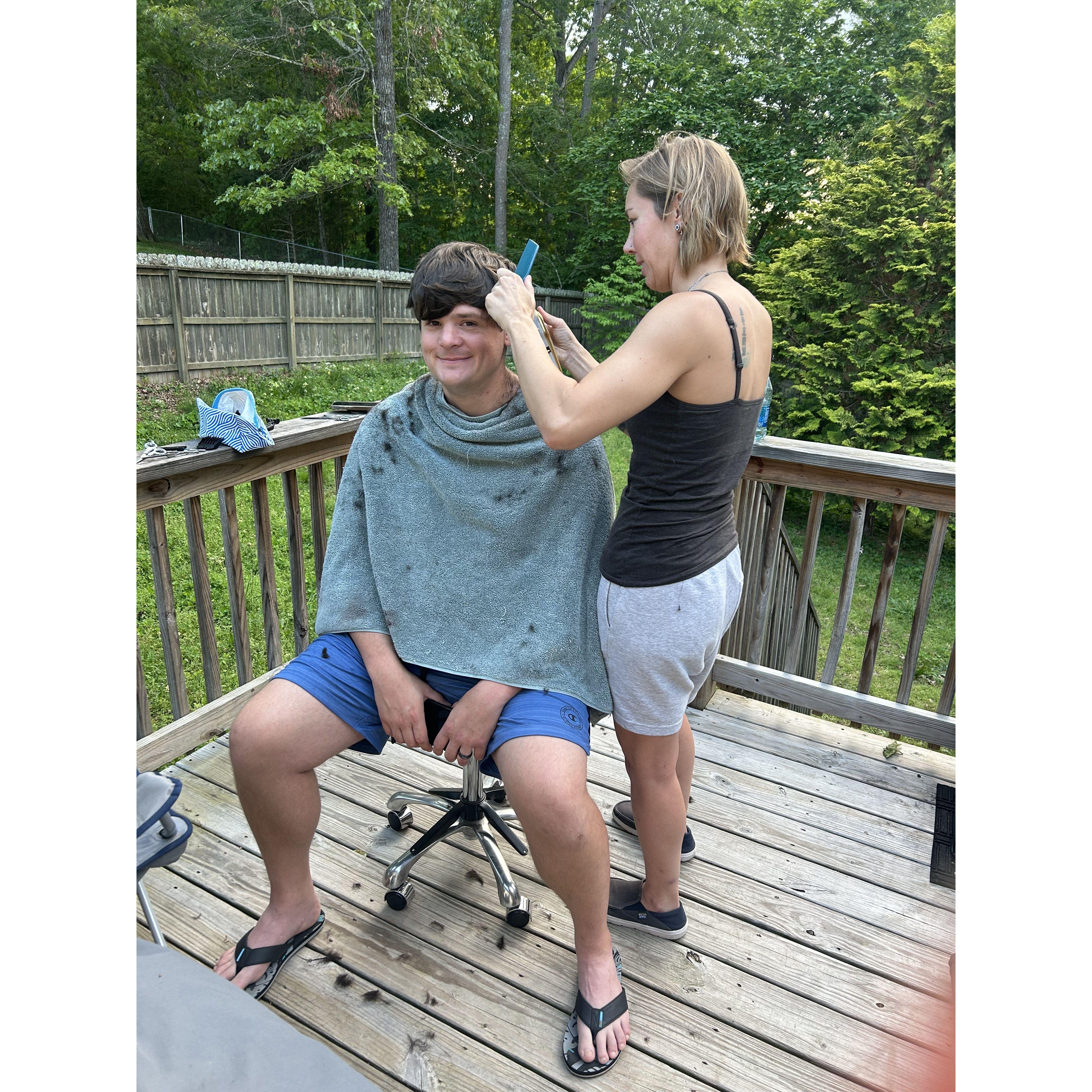 Zee cutting Justin's hair, 2024 may