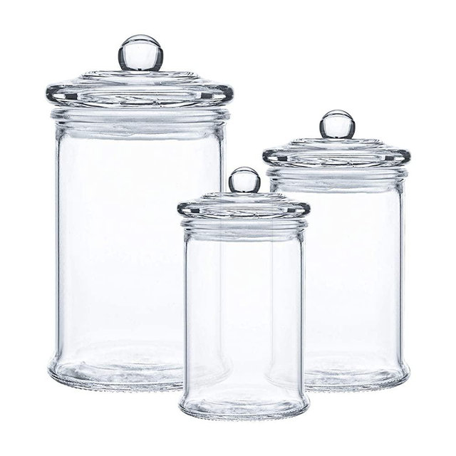 Suwimut Set of 3 Glass Apothecary Jars with Lids, Clear Glass Canisters Set Bathroom Storage and Organization for Qtips, Cotton Swabs, Cotton Balls, Bath Salts