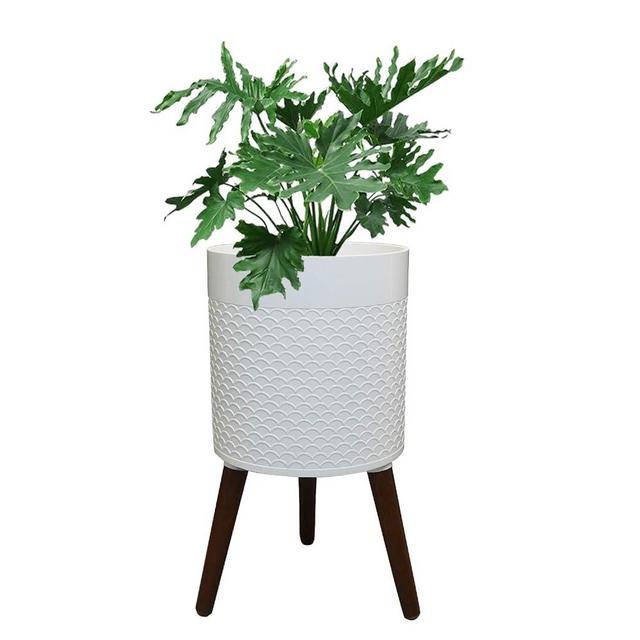 fuxuiwy 12 Inches Plant Pot with Legs, Modern White Flower Pots with Wood Stand, Large Mid Century Standing Planters with Drainage Holes for Planting Indoor Outdoor Decorative