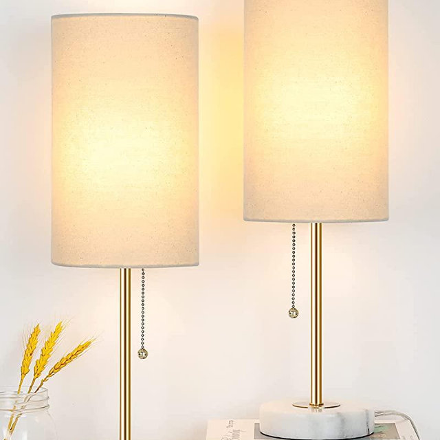 JUNNAI Bedside Table Lamp with Marble Base: Pull Chain Switch 3-Way Dimmable | Linen Fabric Shade & Golden Pole Small Nightstand Lamps 18.5 Inches for Bedrooms, Office, Dinning Room, Set of 2