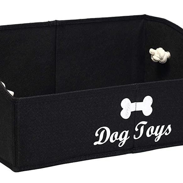Geyecete Large Dog Toys Storage Bins - Foldable Linen Trapezoid Organizer Boxes with Weave Rope Handle, Collapsible Basket for Shelves (Black-Dog)