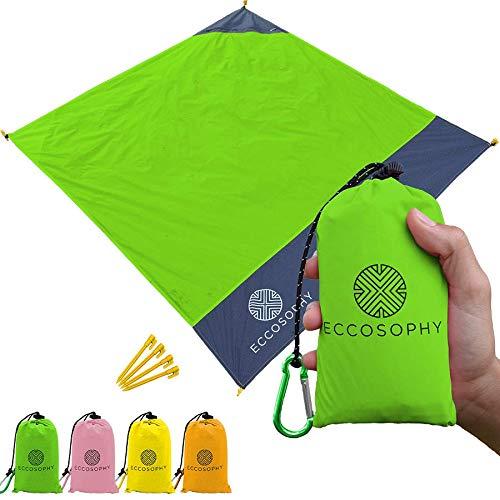ECCOSOPHY Sand Proof Beach Blanket - 100% Waterproof Picnic Blanket 65x55 - Outdoor Compact Pocket Blanket - Lightweight Ground Cover for Hiking, Camping, Festivals, Sports, Travel- with Bag & Stakes