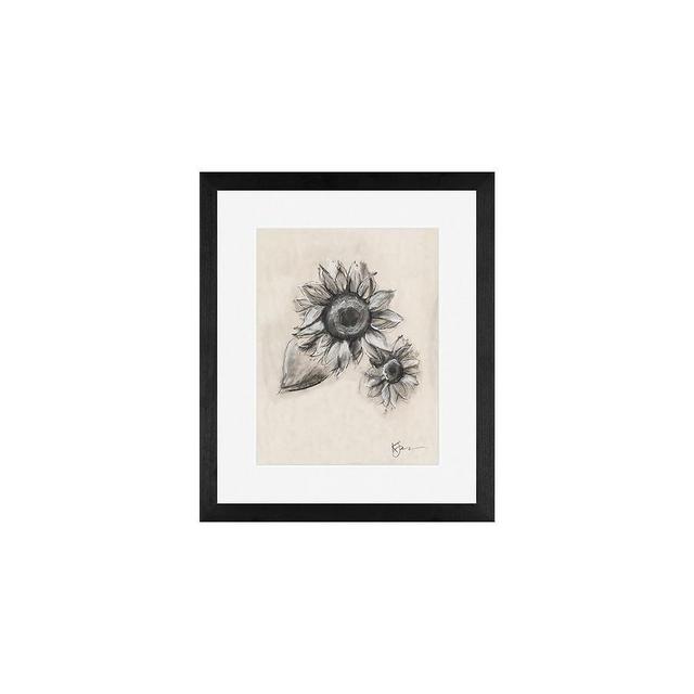 Charcoal Sunflower Sketch, Double Bloom, 11" x 13" Wood Gallery, Black, Mat