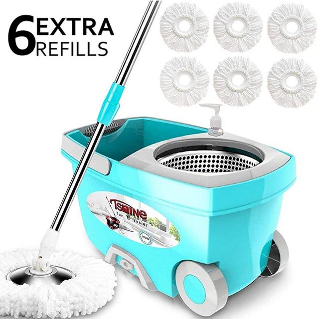 Tsmine Spin Mop Bucket System Stainless Steel Deluxe 360 Spinning Mop Bucket Floor Cleaning System with 6 Microfiber Replacement Head Refills,61"Extended Handle, 2x Wheel for Home Cleaning - Blue