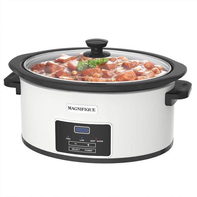 MAGNIFIQUE 7-Quart Programmable Slow Cooker with Timer Keep Warm - Small Kitchen Appliance for Family Dinners - Serves 6+ People - Heat Settings: Keep Warm(White, Black Liner)