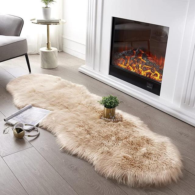 Ultra Soft Fluffy Rug Beige Faux Sheepskin Fur Area Rug Shaggy Couch Cover Seat Cushion Furry Carpet Beside Rugs for Bedroom Floor Sofa Living Room Runner, 2x6 Feet SERISSA (Sheepskin Shape,Beige)