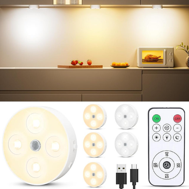 Under Cabinet Lighting, 1500mAh Rechargeable Motion Sensor Puck Lights with Remote, 3 Color Temper, Magnetic Stick on Light, Dimmable Under Counter Lights for Kitchen, Shelf, Closet, Stair, 6Pack