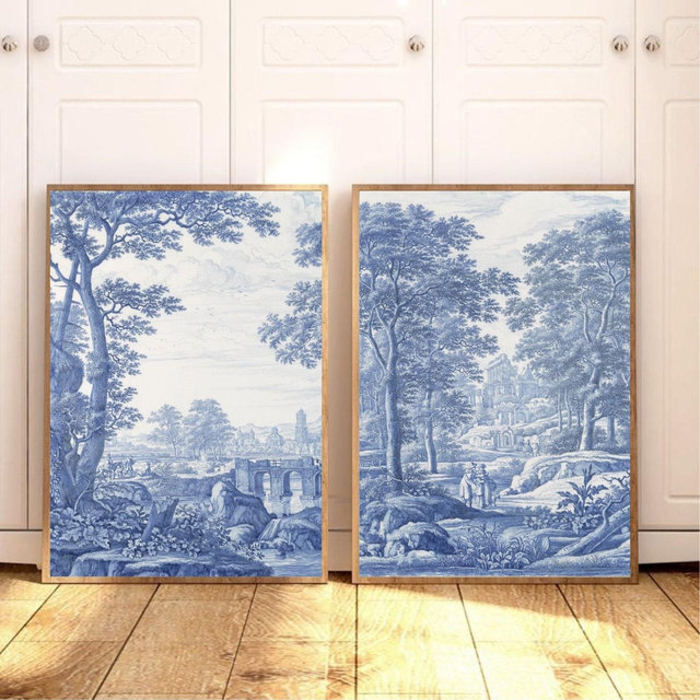 2 Toile de Jouy wall art set, blue white wall decor, toile art prints, wall gallery, home decor, country ornament, two antique paintings,