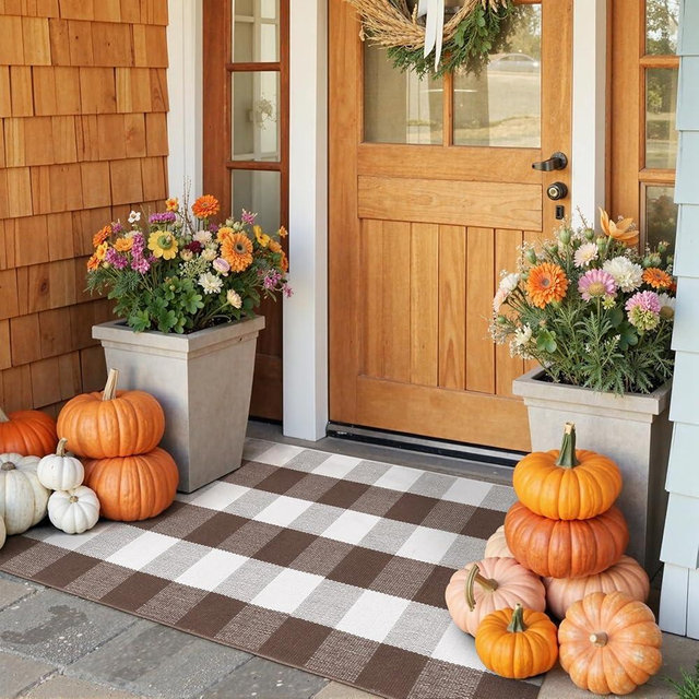 KIMODE Fall Decor Front Door Mat Buffalo Plaid Outdoor Rug 24"x51" Brown and White Checkered Rug Farmhouse Fall Thanksgiving Front Porch Rug Cotton Washable Layered Doormats Autumn Mats
