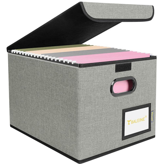 BALEINE File Organizer Box with Lid, Collapsible File Folder Organizer with Plastic Slide, Hanging File Folder Box for Office Document Storage (1 Pack, Grey)