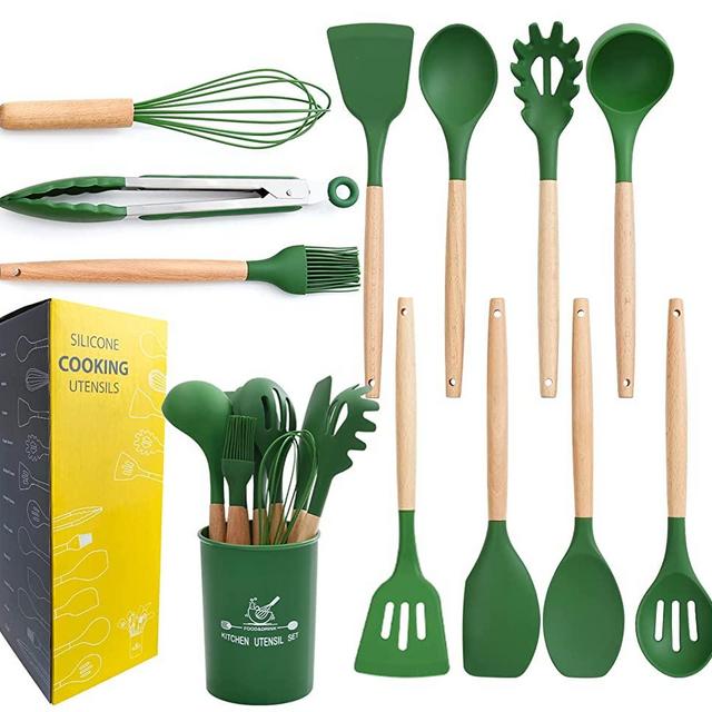 mossFlos Kitchen Cooking Utensils Set, 12 pcs Non-Stick Silicone Cooking Kitchen Utensils with Holder, Heat Resistant Kitchen Gadgets Utensil Set,Turner Tongs,Spatula,Spoon,Brush,Whisk.Dark Green